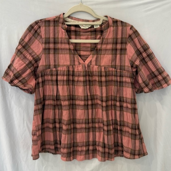 11.1.TYLHO Anthropologie pink plaid v neck layer blouse sz small - Picture 1 of 4